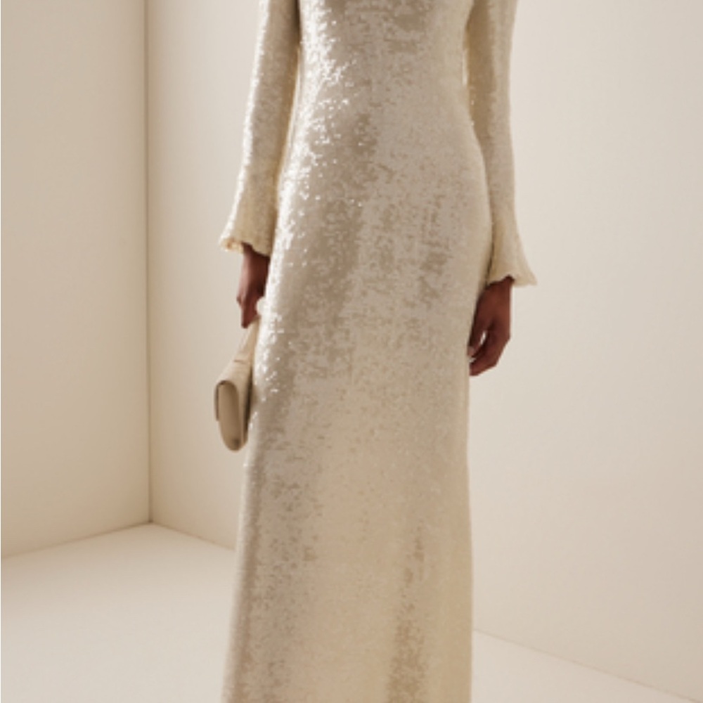 Sally LaPointe Cream Sequin Bell Sleeve Gown